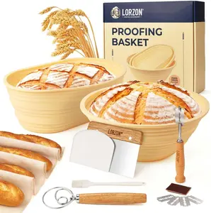 Lorzon Silicone Banneton Bread Proofing Baskets Set of 2, 9" Round & 10" Oval Foldable Sourdough Proofing Baskets with Sourdough Bread Baking Supplies, Complete Bread Making Kit