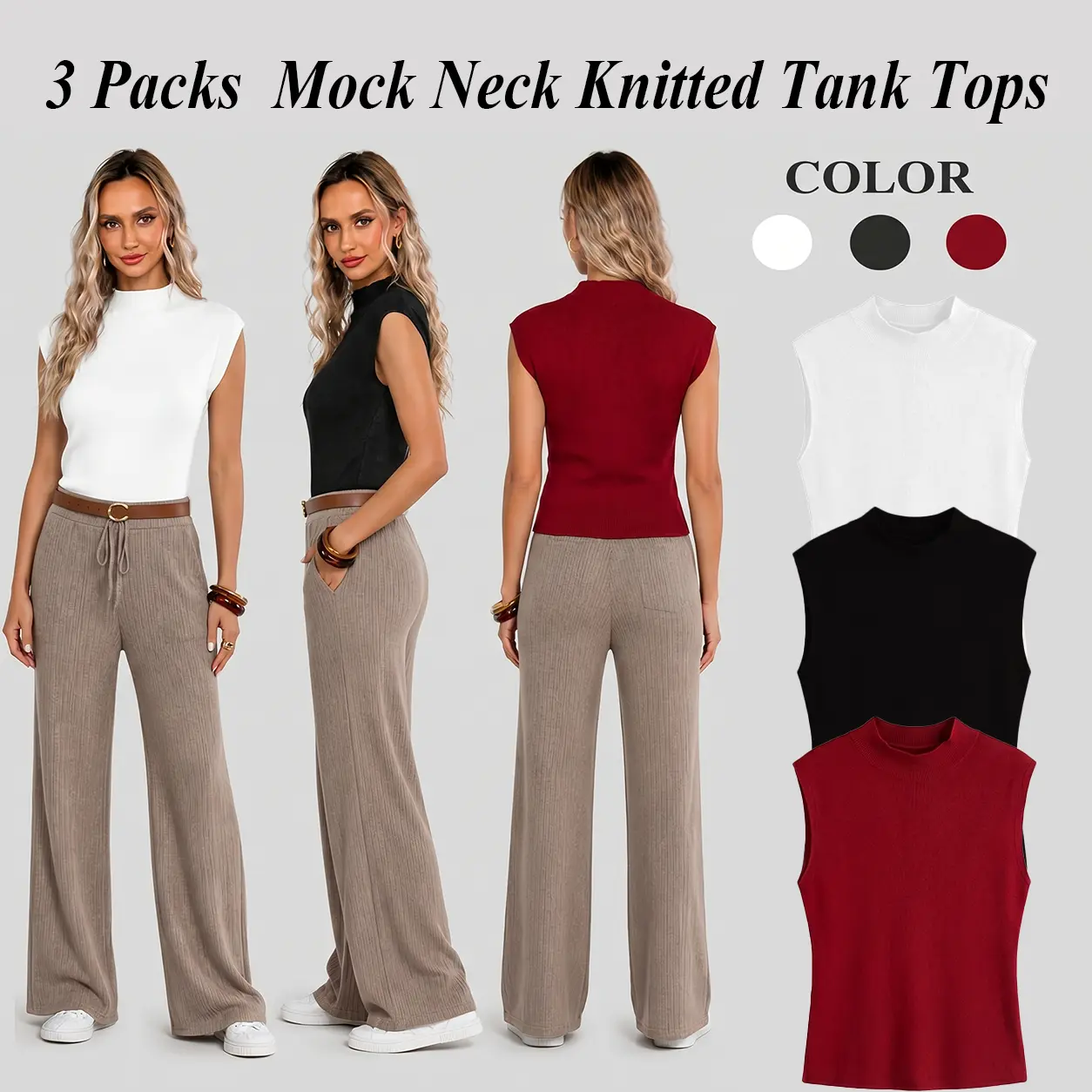 Women's 3-Pack Elegant Mock Neck Sleeveless Knitted Tank Tops - Fitted Cut, Minimalist, Comfortable, Stretchy, Solid Color Basic Chic Layering Vests, Business Casual Office Work Clothes, All Seasons, Hand Wash, Do Not Dry Clean, Polyester, Short