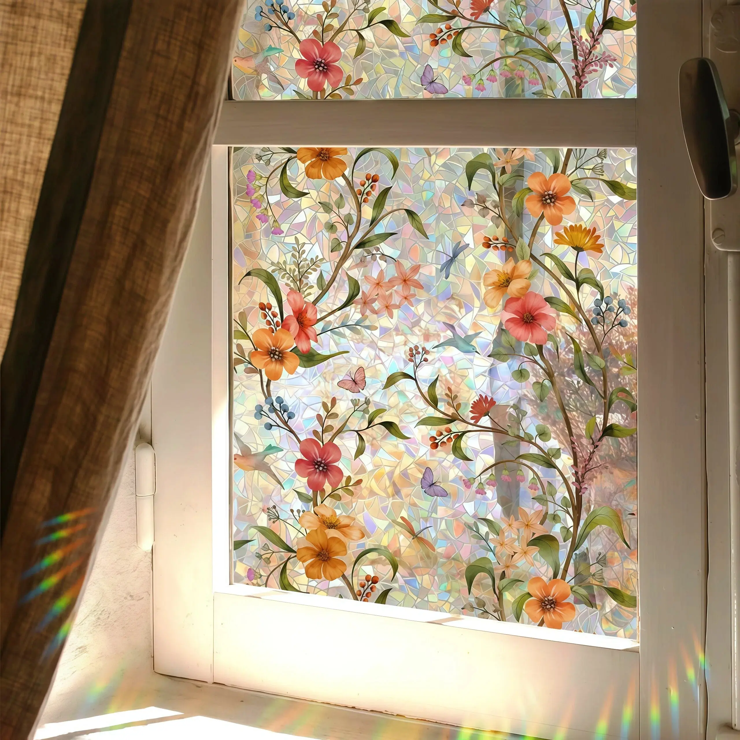 Glam Retro Floral Motif Glass Window Film Roll - 17.7x39.4in Flower Decorative Decals, Privacy Protection, UV Blocking, Easy-Apply Vintage Rainbow Sticker, Ideal Home Decor Gift for Thanksgiving, Earth Day, Mother’s Day Outdoor Patio Windows
