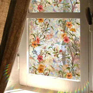 Floral Pattern Glass Window Film Roll, Privacy Protection & Decorative Design, Easy-Apply Rainbow-Colored Glass Decal Sticker for Windows, Ideal Gift, Sticker Decoration UV 17.7" x 39.4" Stained Retro
