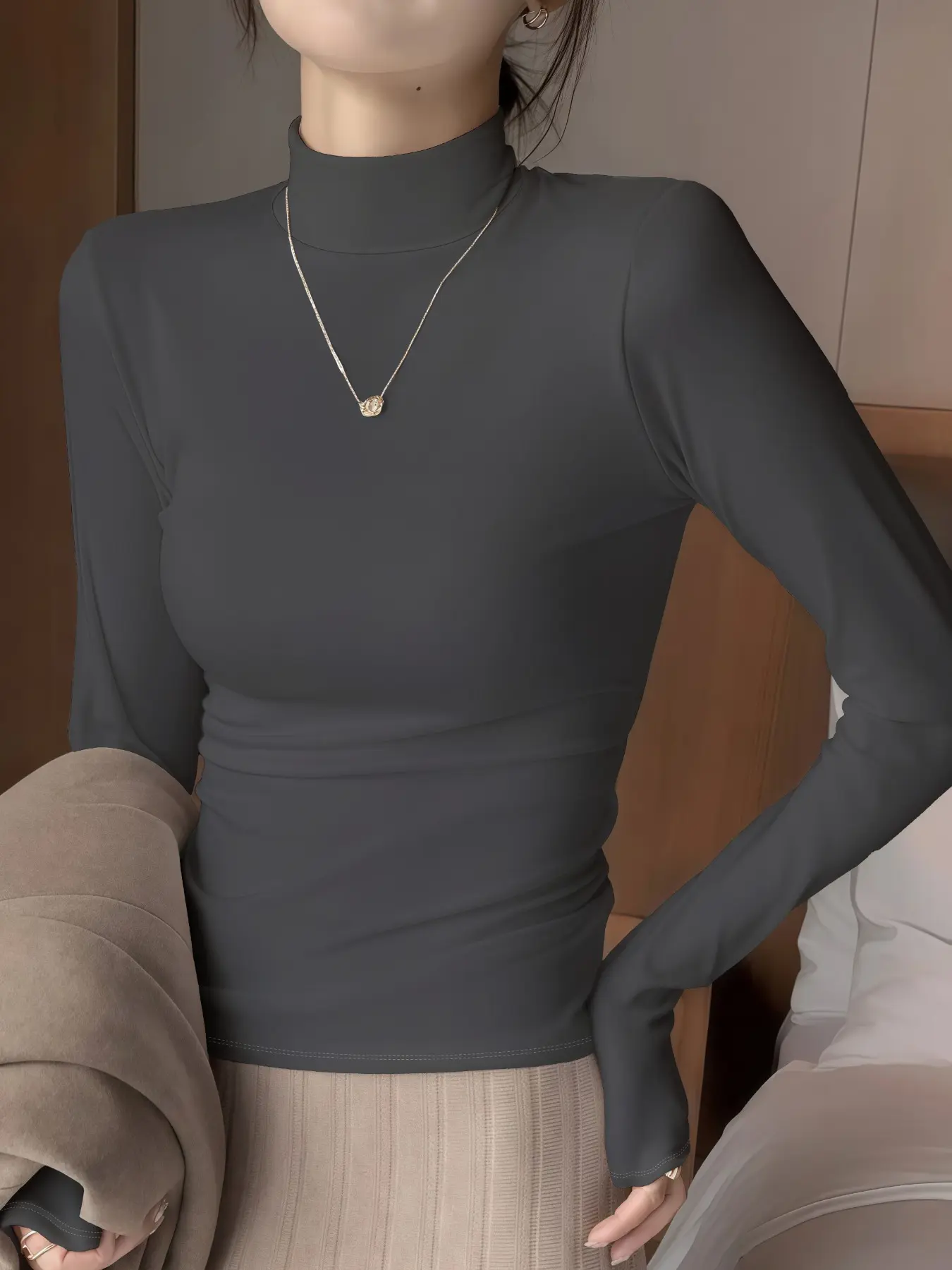 Women's Elegant Turtleneck Long Sleeve T-Shirt, Fitted Thin Knit Top for Autumn & Winter, Perfect for Casual and Formal Wear