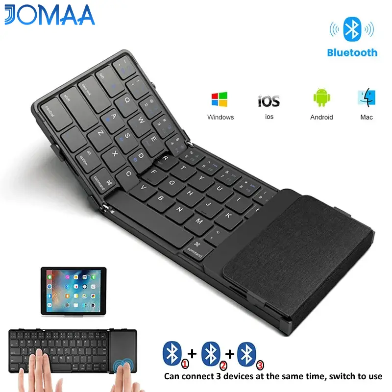 JOMAA Tri-Bluetooth Wireless Folding Keyboard with Touchpad, Rechargeable Foldable Keyboard with Wireless Conn. for Tablet, iPad, iPhone