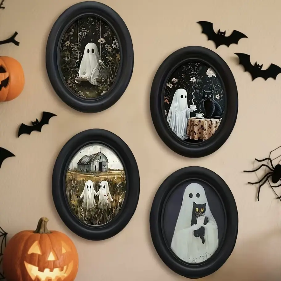 Halloween Wall Art - Mini Framed Ghost Picture with Black Oval Frame, Vintage Spooky Wall Decor for Bedroom, Entryway, Gallery Wall and Halloween Party, Cute Gift for Ghost Lovers