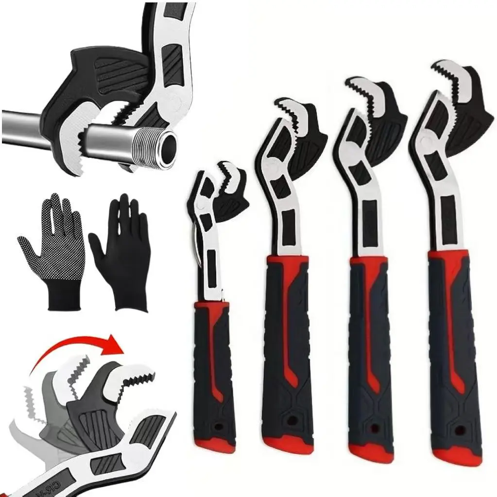 4-Piece Self-Locking Adjustable Wrench Set 6/8/10/12 Inch Self-Adjusting Pipe Wrench Non-Slip Grip Chrome Vanadium Steel Cr-V Summer Father's Day Gift