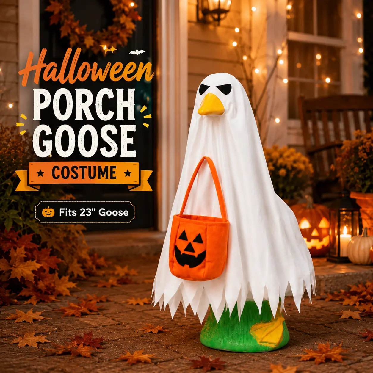 23in Spooky Halloween Lawn Goose Costume Set - Removable Ghost & Pumpkin Outfits, Easy-to-Dress Porch Yard Accessory, Home Party Decoration Gift
