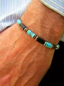 Vintage Style Handmade Agate Imitation Turquoise Black Onyx Beaded Elastic Bracelet, Fashionable Unisex Casual Jewelry for All Seasons, High Quality Exquisite Bracelet