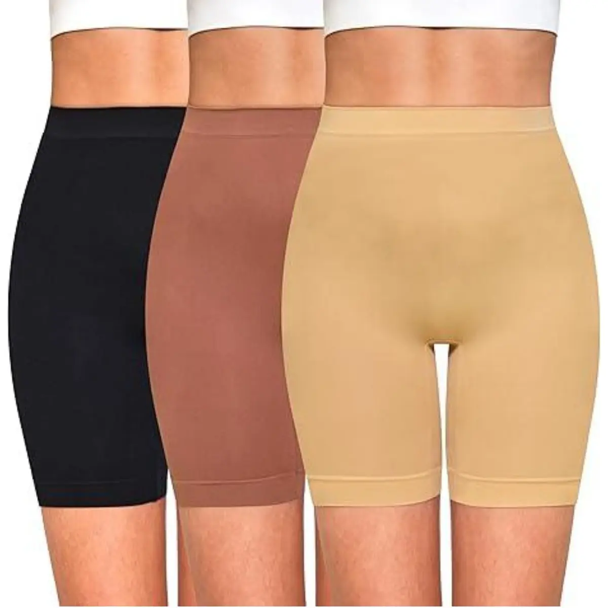 3 Pack Slip Shorts for Women Under Dress Comfortable Smooth Boyshorts Panties in Black Brown & Beige Colors