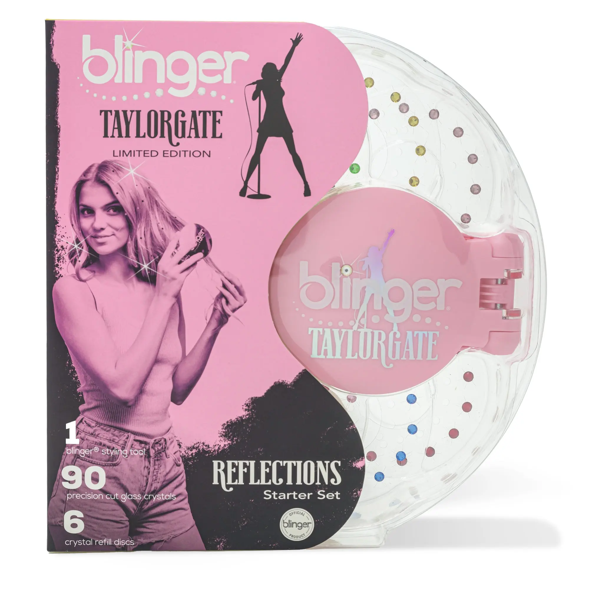 blinger® Limited Edition Taylorgate Reflections Starter Set with blinger® Styling Tool + 90 Precision-Cut Glass Crystals Haircare Brush Heatless
