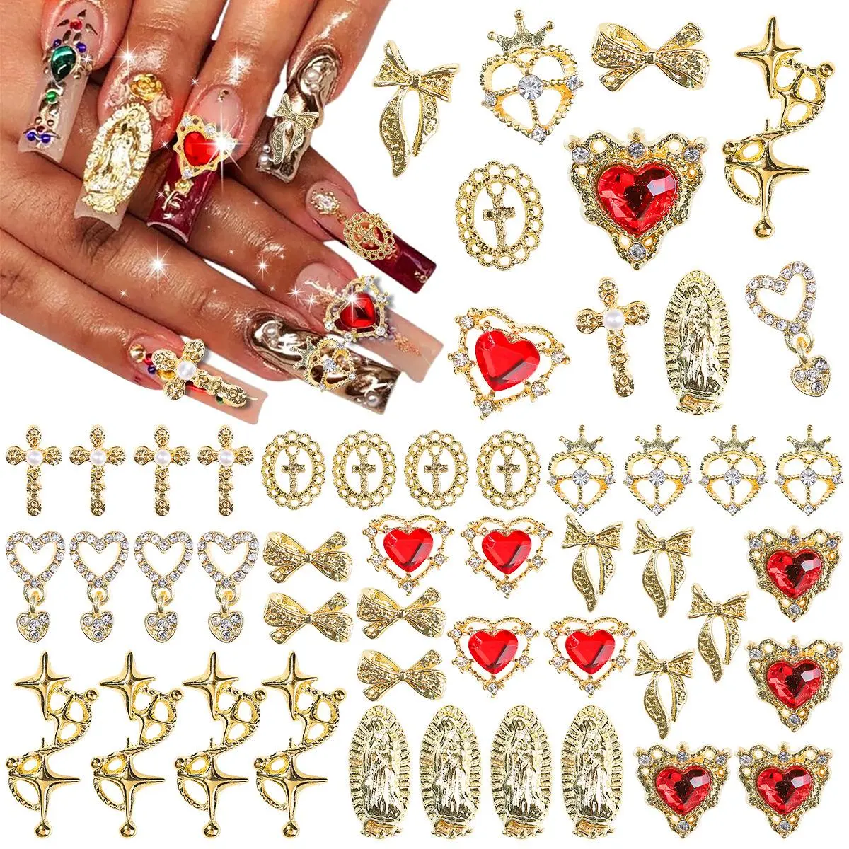 Bow & Heart & Cross Shaped Mary Design Nail Art Charms, 40pcs/set Y2K Style Nail Art Decoration, DIY Nail Art Decor Accessories, Nail Art Supplies for Women & Girls DIY Nail Kit