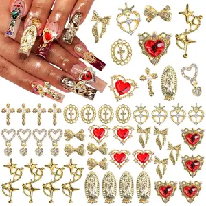 Bow & Heart & Cross Shaped Mary Design Nail Art Charms, 40pcs/set Y2K Style Nail Art Decoration, DIY Nail Art Decor Accessories, Nail Art Supplies for Women & Girls DIY Nail Kit