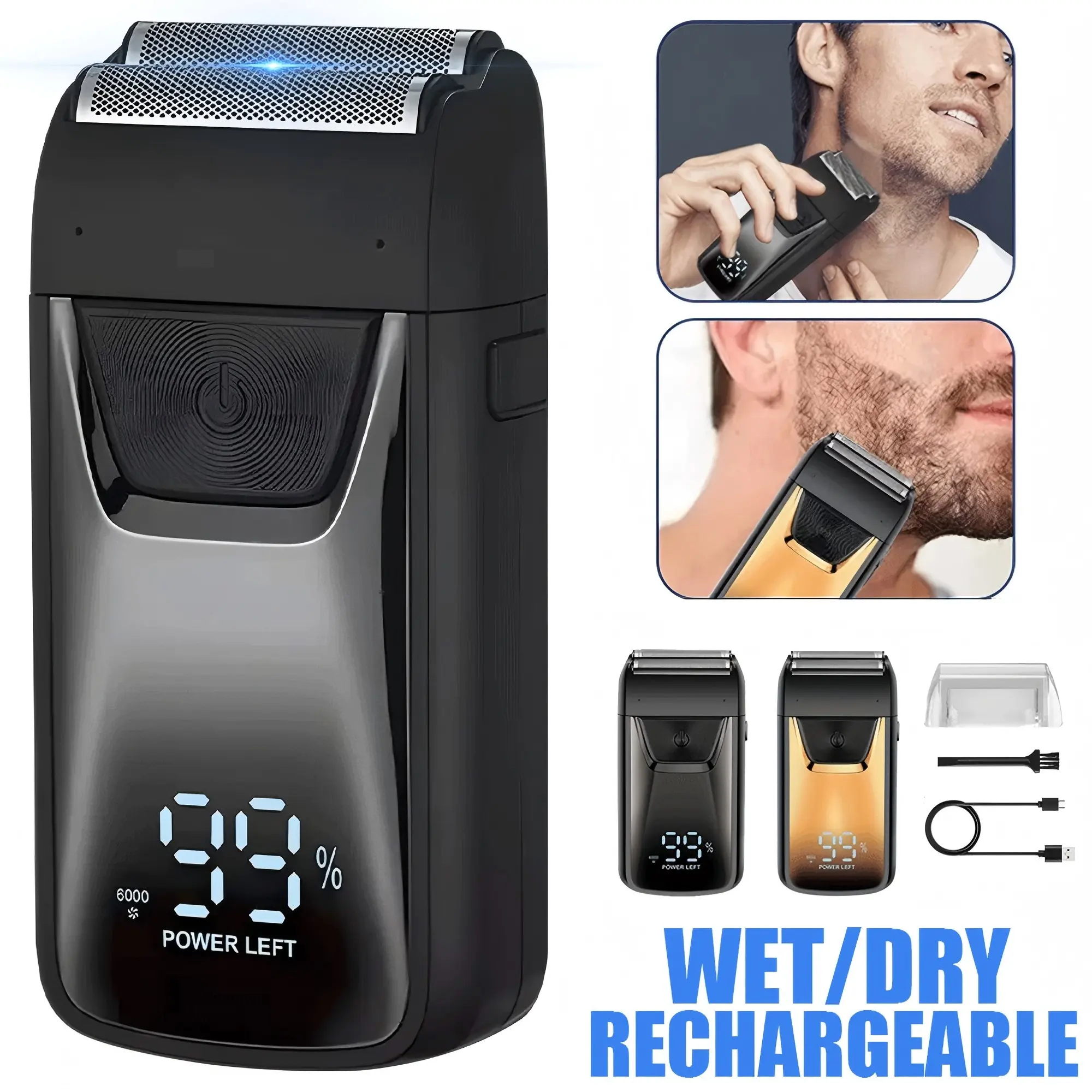 Electric Foil Shaver for Men, Wet & Dry USB Rechargeable Beard Trimmer with Hypoallergenic Double Foils, 120-Min Runtime, LED Display, Classic Gold