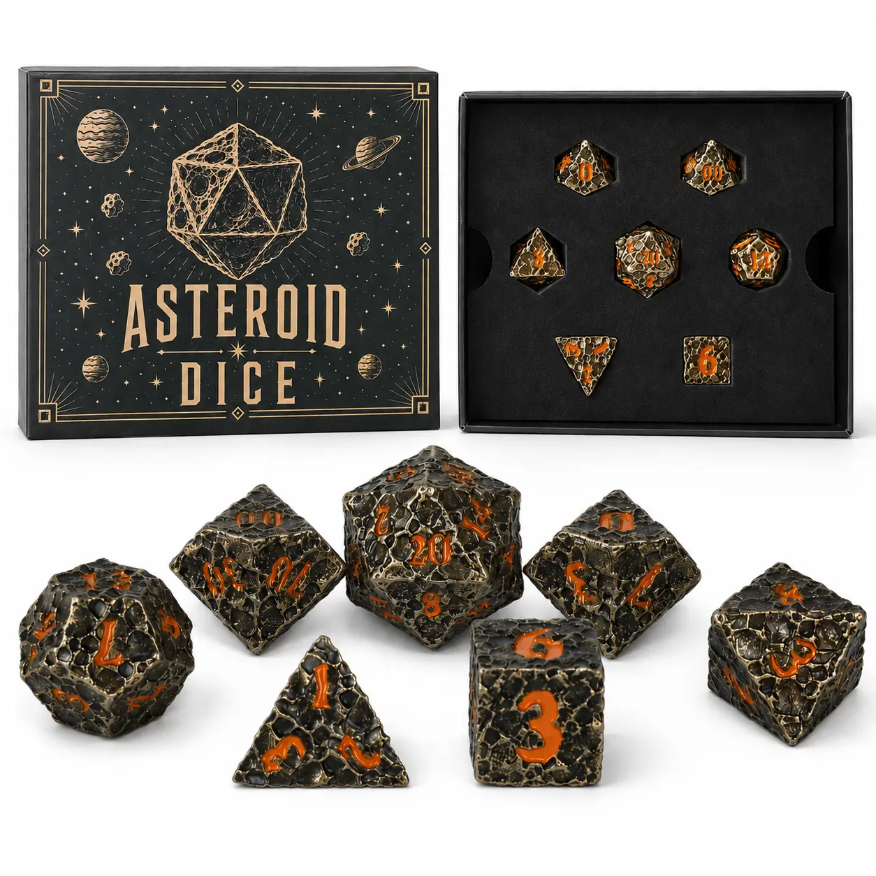 SVOPES Heavy Weight Metallic Asteroid Polyhedron DND Dice Set - 1 Set/7 Pieces Zinc Alloy Sci-Fi Gaming Dice, Collector Box Included, for 14+ Yrs Dungeons & Dragons Tabletop Games, Ideal for Decoration