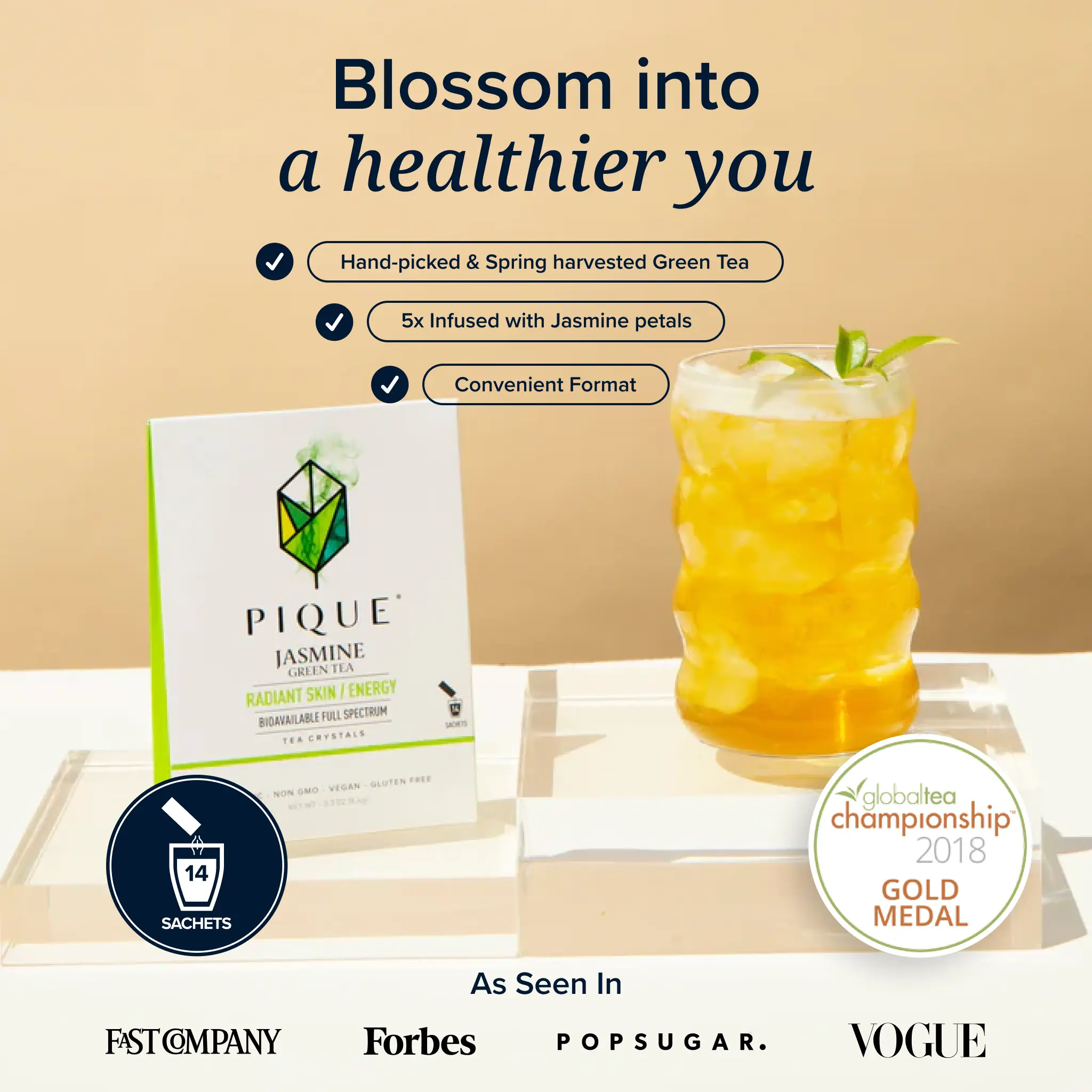 Pique Life Jasmine Green Tea USDA Organic Bioavailable Full Spectrum 5x Infused with Fresh Jasmine for Radiant Skin Calm Energy Immune Support 14 Servings per Carton