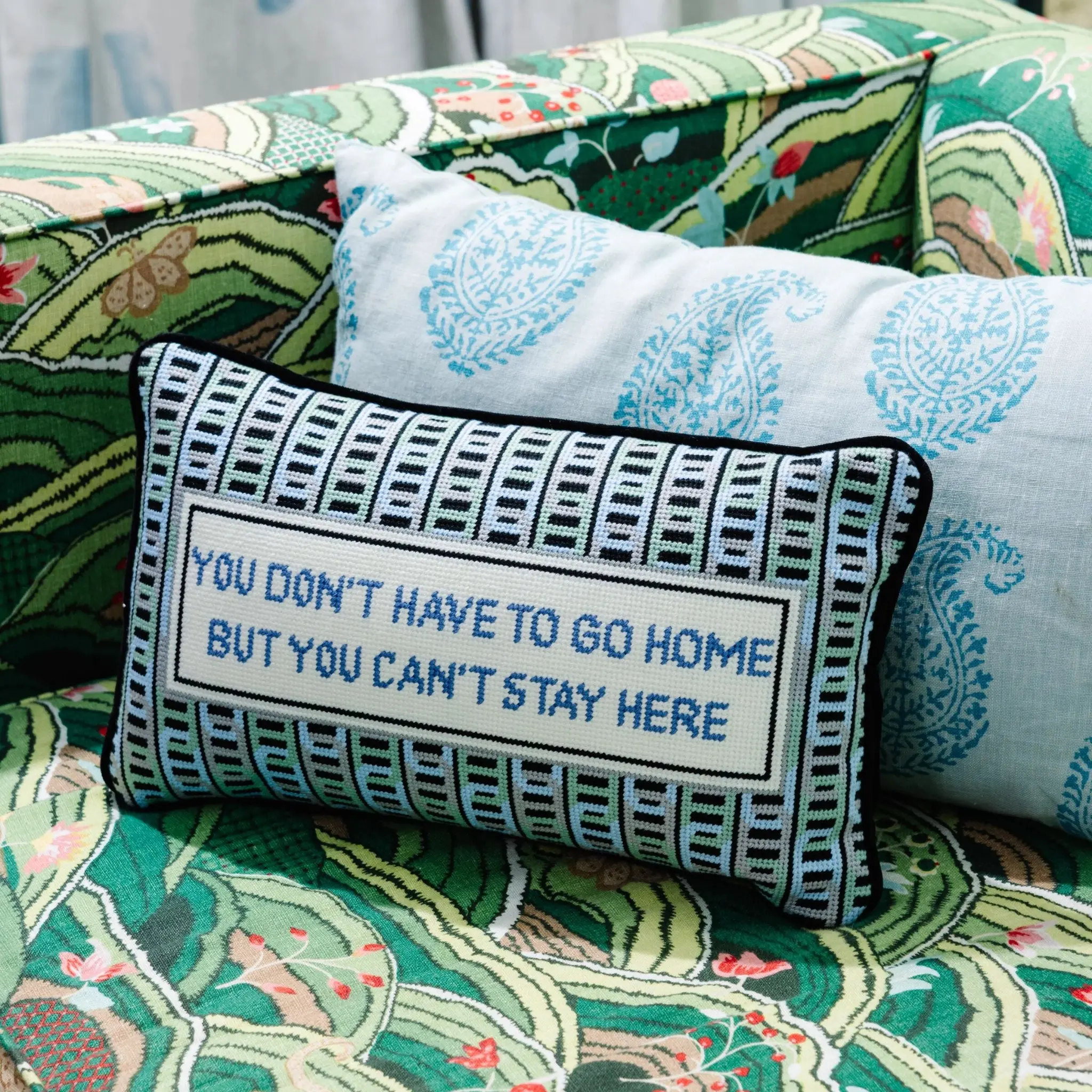 Velvet Embroidery Needlepoint Pillow with Cheeky Uniquely Sayings, Vibrant Patterns - Dopamine Decor, Chic Bedroom Decor Accent for Standard Pillow Use