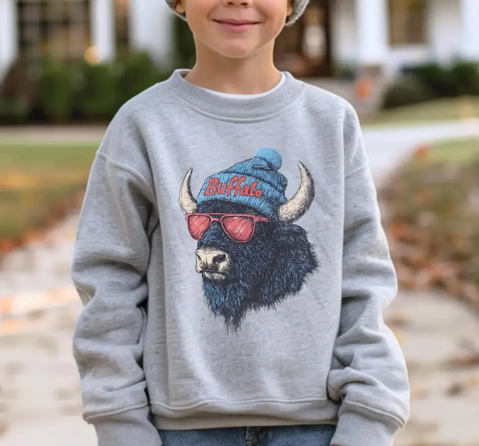 Youth & Adult Buffalo Football Crewneck Sweatshirt, Vintage Fan Gifts Tee, Game Day T-Shirt, Trendy Sports Apparel, Football Fan Gear