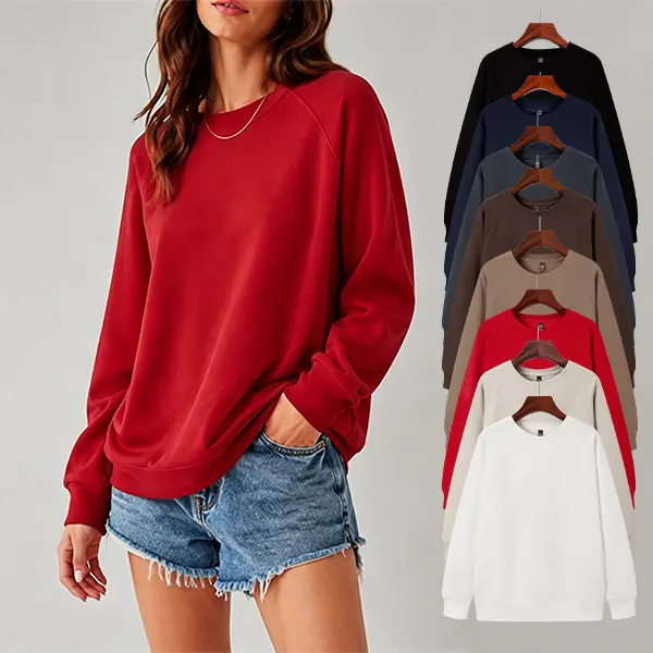 Women's All-Seasons Plain Raglan Sleeve Pull On Relaxed Fit Crewneck Sweatshirt - Soft Ribbed Fleece Knit Long Sleeve Pullover, Elegant Basic Casual Wear for Everyday & Street Use