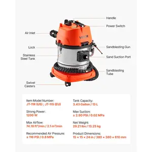 VEVOR Walnut Blaster Kit for Carbon Cleaning, 1200W Sand Blaster with Built-in Vacuum, Extension Nozzle Sandblaster Gun, and 5.5lbs Walnut Shell for Engine Intake Valve Cleaning - 13L