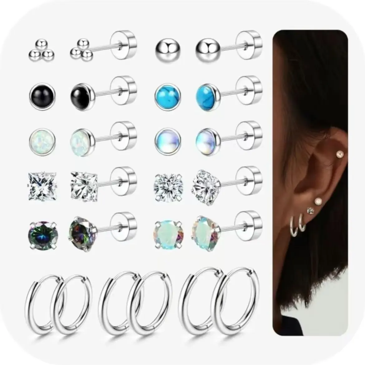 Jstyle Surgical Steel Earrings for Sensitive Ears Hypoallergenic Earrings for Women 20G Flat Back Stud Earrings Cartilage Hoop Earrings 8/10/12MM