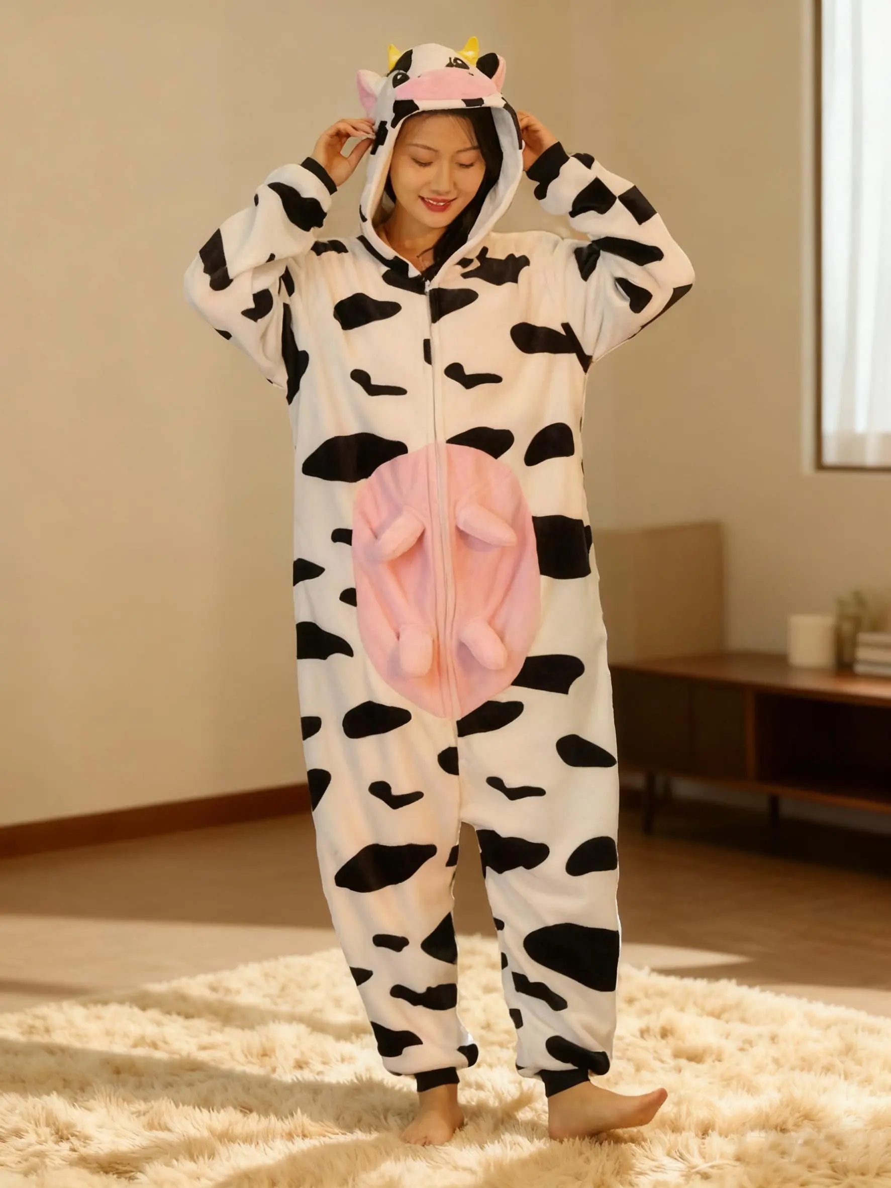 Cute Cartoon Animated Nipple Cow Hooded Onesie, Plush -Lined Warm Loose-Fit Comfortable Long-Sleeve Women's Animal Costume, Suitable for Halloween, Carnivals, Music Festivals, and Masquerade Parties