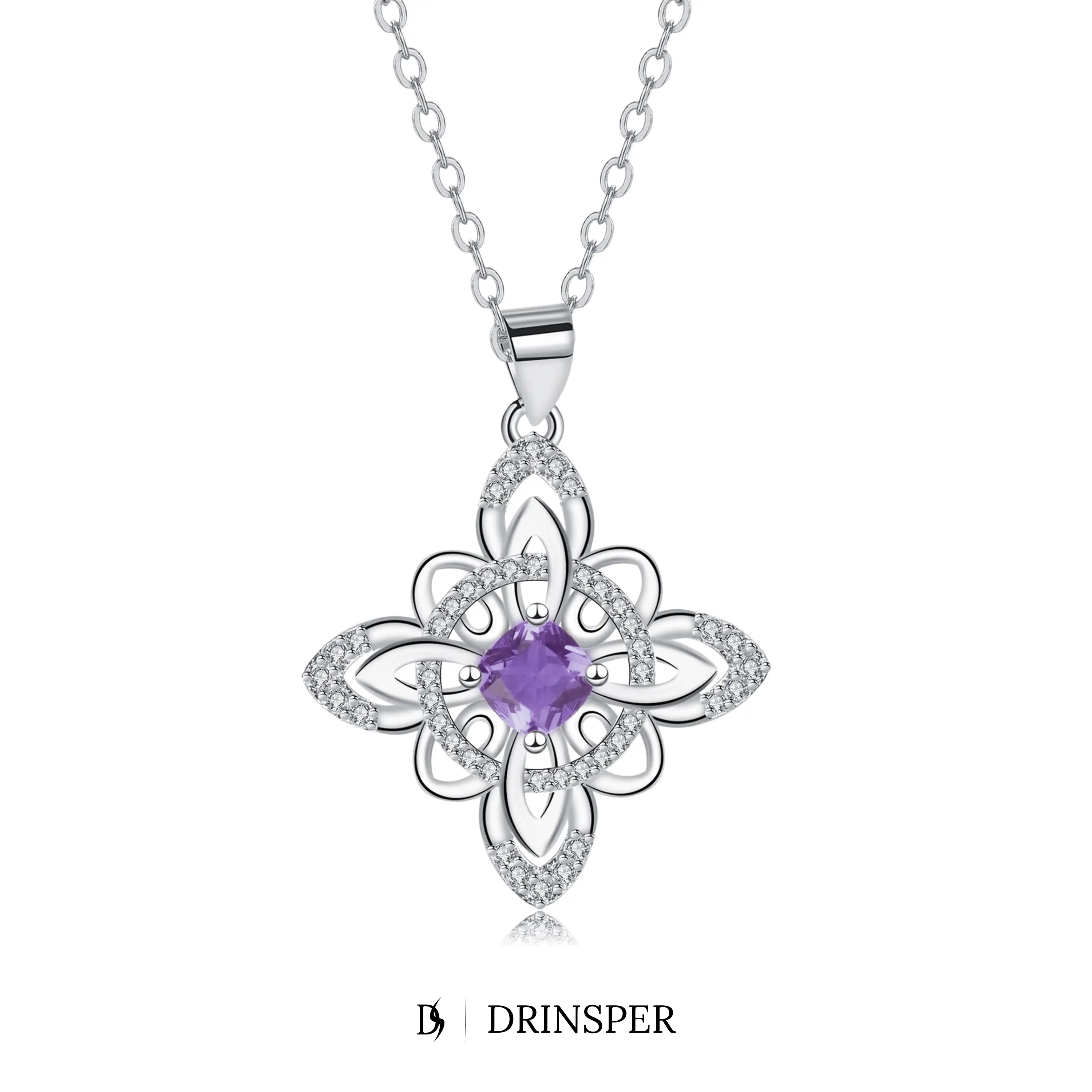 DRINSPER Hecate Celtic Knot Colored Necklace for Women - Gothic Silver-Plated Stainless Steel Pendant with Amethyst-Color Cubic Zirconia, Hypoallergenic Witchy Unisex Casual Jewelry, 18+2" Adjustable Chain, Colored Necklaces, Daily Wear, Adults, Waterproo