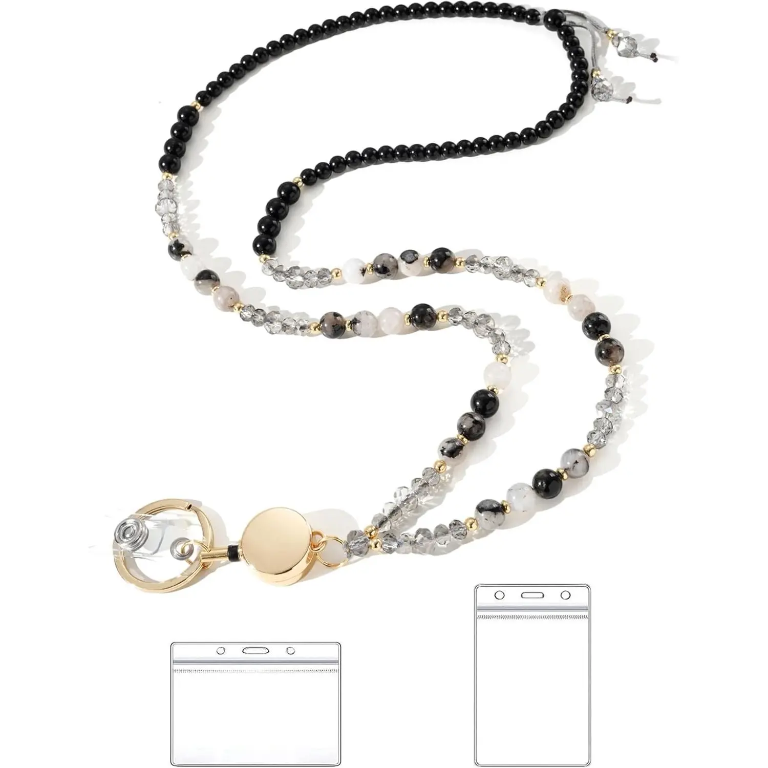 BY-351 Lanyards for ID Badges and Keys,Natural Stone Beaded Teacher Lanyard for Women,Retractable Lanyard with ID Holder Cute Lanyards