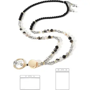 BY-351 Lanyards for ID Badges and Keys,Natural Stone Beaded Teacher Lanyard for Women,Retractable Lanyard with ID Holder Cute Lanyards