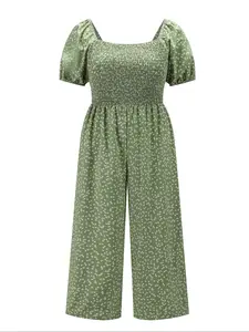 【Plus Size】 All Over Print Shirred Wide Leg Jumpsuit, Casual Short Sleeve Jumpsuit for Summer, Women's Plus Clothing for Daily Wear, Womenswear