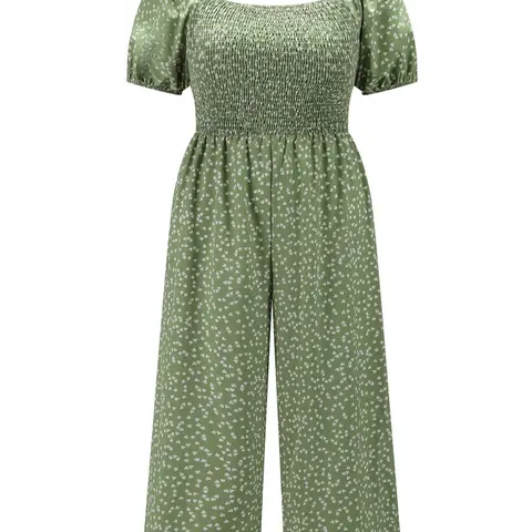 [Plus Size] All-Over Print Shirred Wide-Leg Jumpsuit, Casual Short-Sleeve Jumpsuit for Summer, Women's Plus-Size Clothing for Daily Wear, Casual Jumpsuits