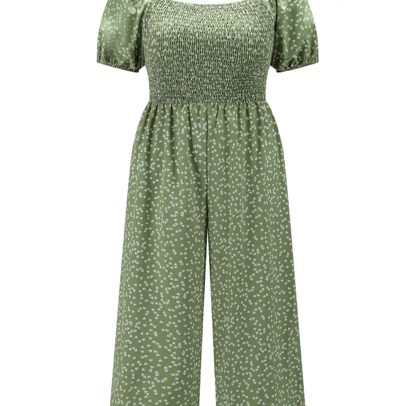 [Plus Size] All-Over Print Shirred Wide-Leg Jumpsuit, Casual Short-Sleeve Jumpsuit for Summer, Women's Plus-Size Clothing for Daily Wear, Casual Jumpsuits