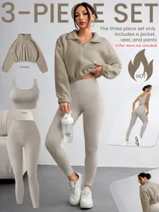 Women's Solid Zip Up Crop Pullover & Tank Top & Legging Three-piece Set, Casual Sporty Outfits for Yoga Gym Workout Running, Women's Sportswear for Fall & Winter, Fitness Sportswear Set