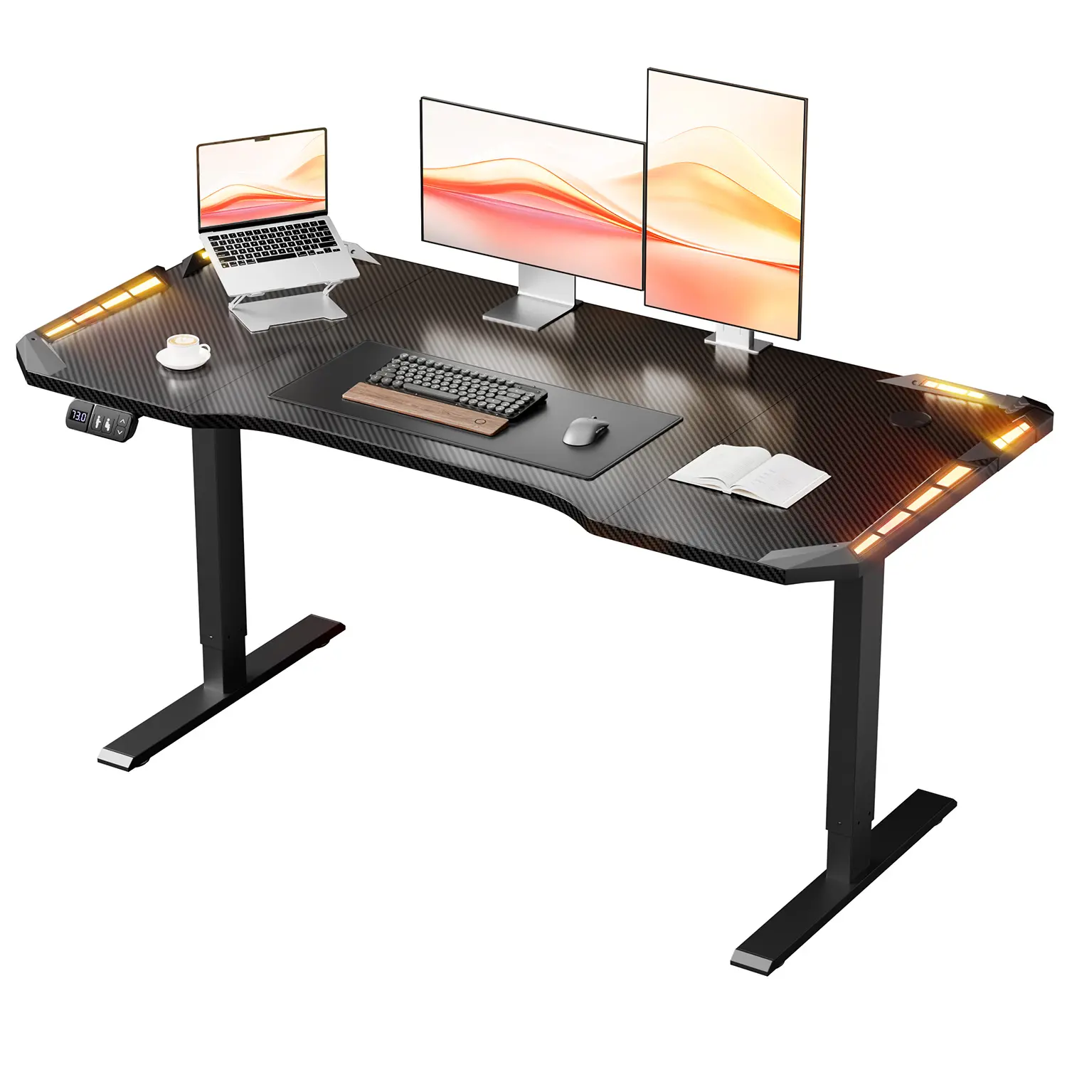 Ecofurnix Adjustable Rectangular Electric Standing Gaming Desk - 160x60cm Black Carbon Fiber Scratch-Resist Coat, LED Lights, 3-Memory Smart Panel, 45dB Quiet Lift, Assembly Required, Home Office Hub
