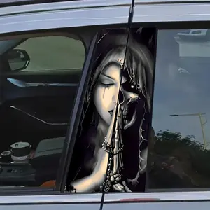 Premium Purple-Haired Witch & Skull Car Sticker 19.6x9.8 Inches Waterproof Anti-Scratch PVC Decal for Car Window Bumper Halloween Seasonal Decoration