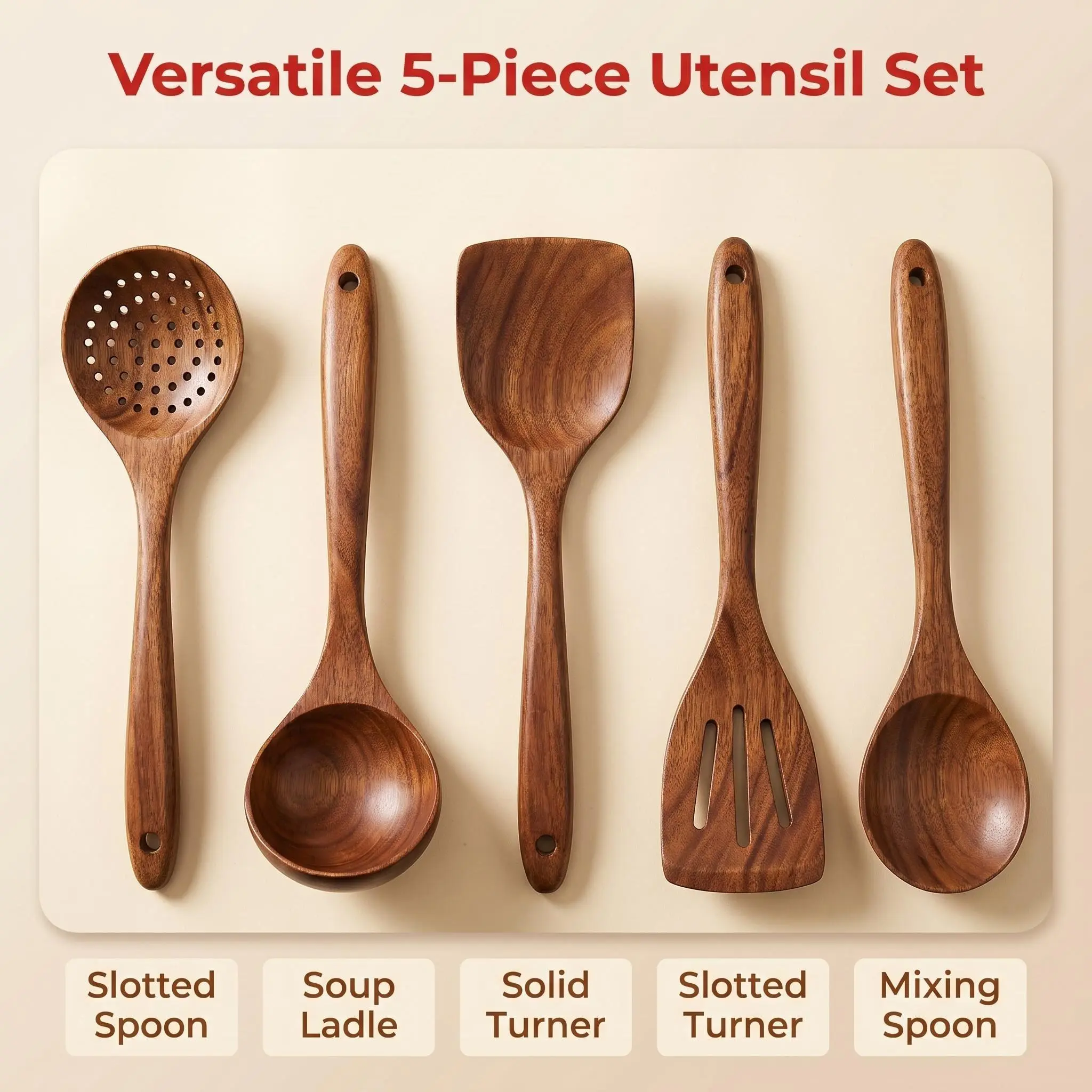 5-Piece Durable Natural Teak Wooden Cooking Tools Set - Non-Stick, Heat-Resistant Home Kitchen Gadgets with Multifunctional Spatula Included, Spoon, Soup Ladle for Home Kitchen Use, Cookware Sets Compatible