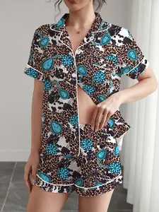 Women's Western Cowboy Leopard Print Pyjama Set, Pajamas, Short Sleeve Button-Up Top and Elastic Shorts, Casual Home Wear for All Seasons, Loungewear