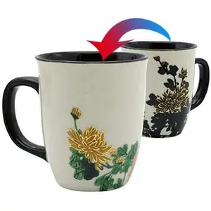 Funny Ceramic Magic Heat Color Changing Art Coffee  Mug  Chrysanthemum Printing Porcelain Mugs for Women Personalized White Green  Cup 16 oz Large coffee Mugs for Mom Girl Grandma