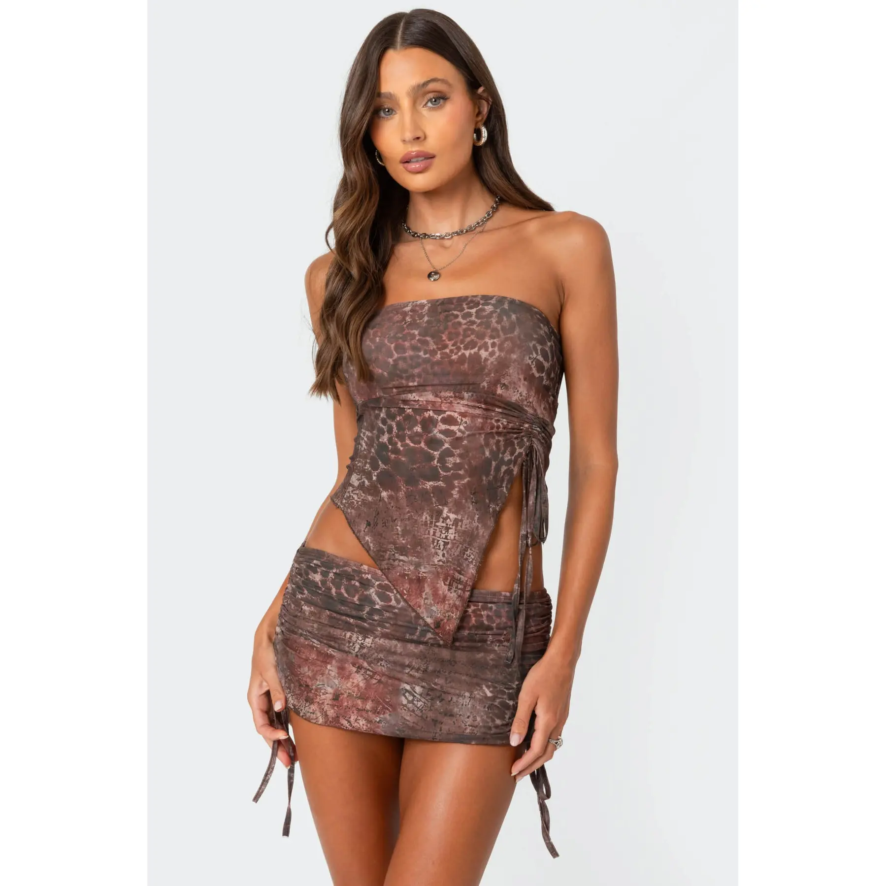 Leopard printed asymmetric mesh tube top