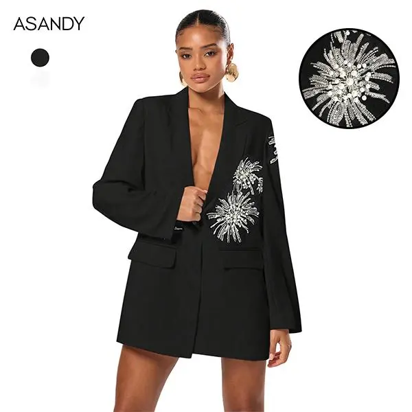 black blazer dress amazon Black Button Front Long Sleeve Blazer Dress – AX Paris US