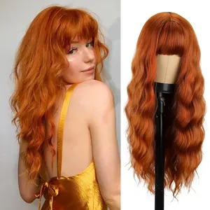 Missqueen Long Orange Wig with Bangs, Women’s Ombre Curly Orange Wig, Long Orange Synthetic Cosplay Wig with Natural Look, Suitable for Daily Wear and Parties