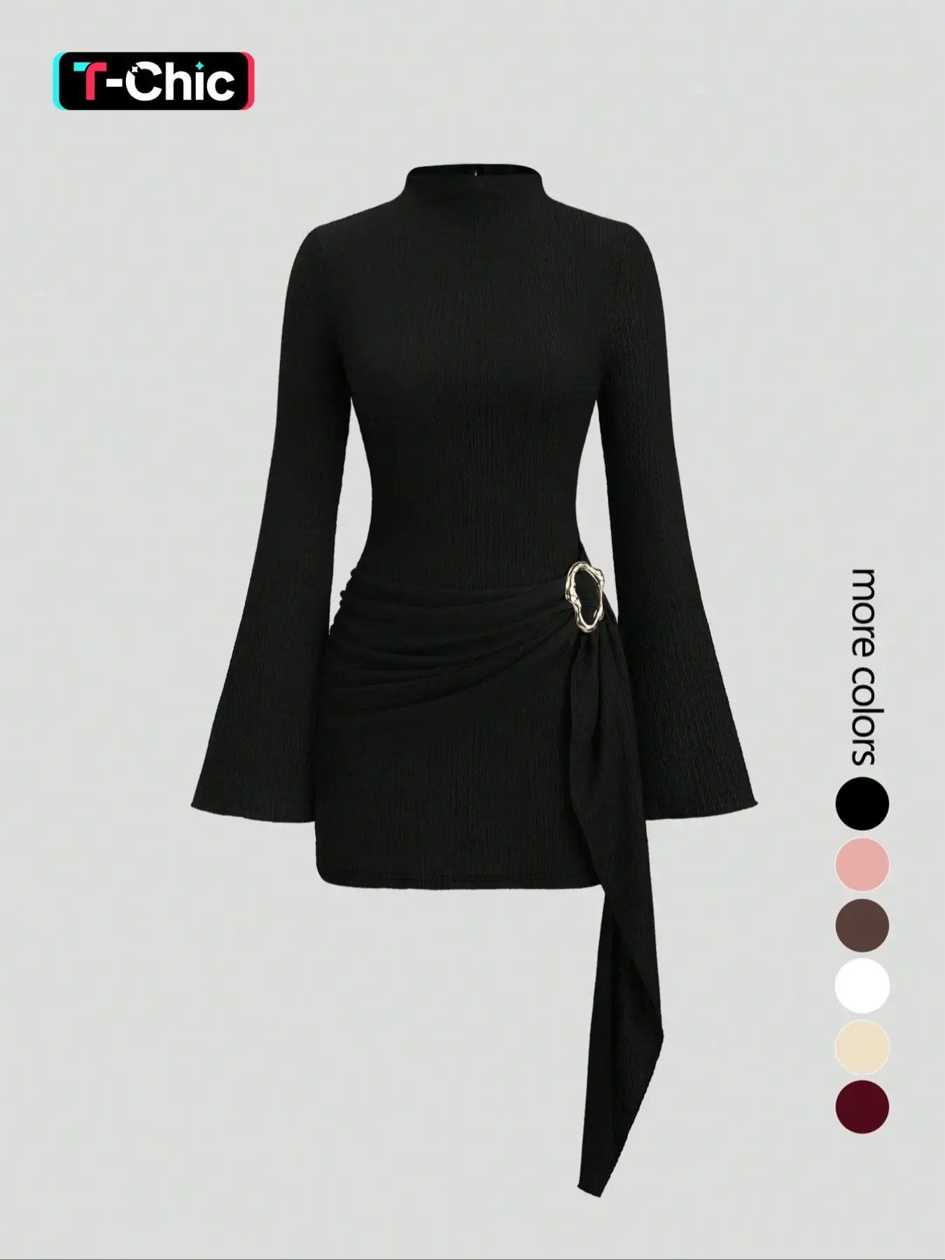 Women's stand-up collar, fitted waist, minimalist Elegant flared sleeves, metal buckle Solid slim-fit midi dress, perfect for parties Formal Womenswear, Evening Party Dresses, Elegance, Chic, Bell Sleeve Dresses, Collared Dress