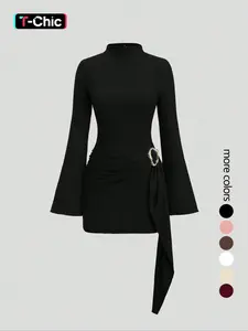 Women's stand-up collar, fitted waist, minimalist Elegant flared sleeves, metal buckle Solid slim-fit midi dress, perfect for parties Formal Womenswear, Elegance, Chic, Bell Sleeve Dresses, Collared Dress