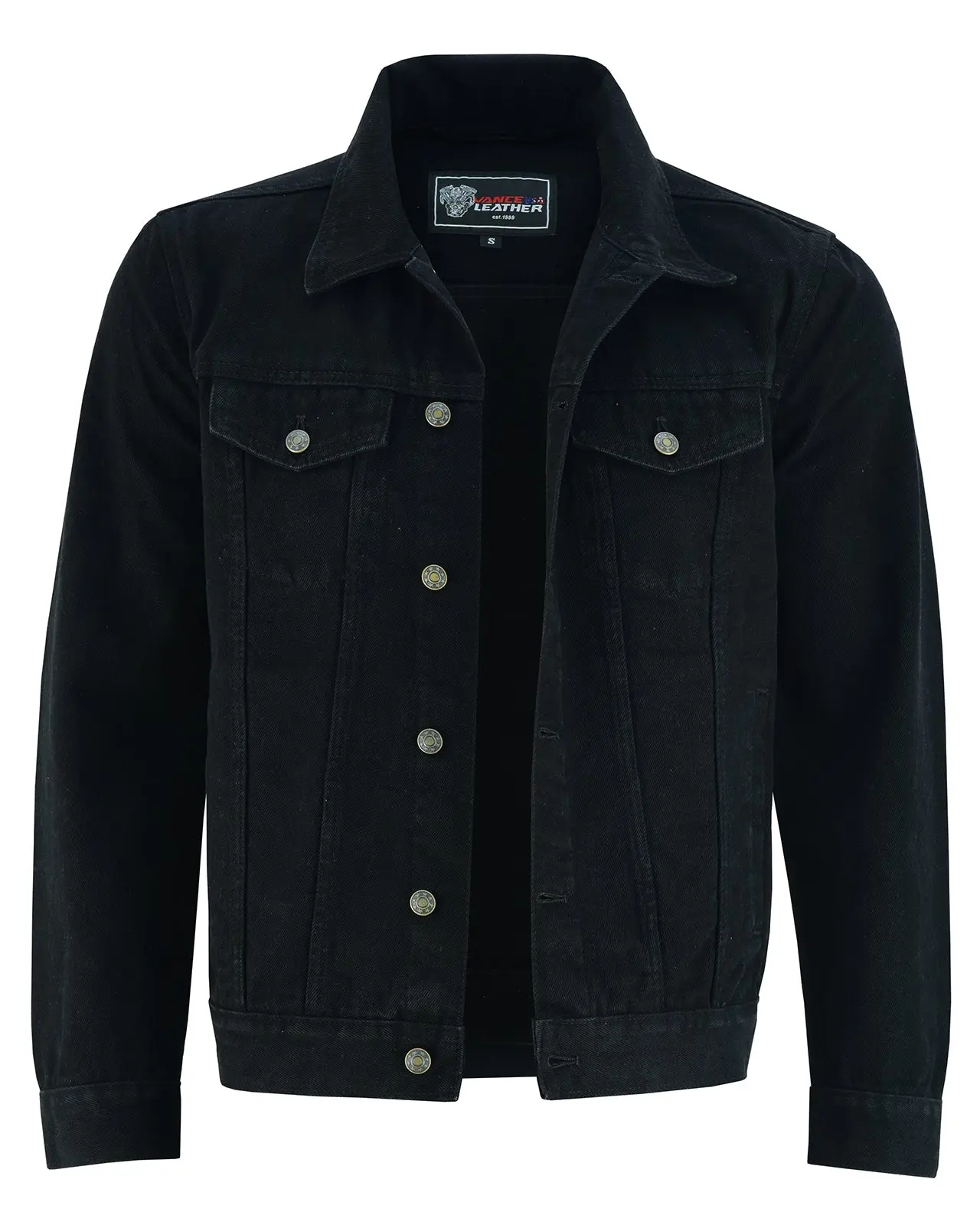 Mens Black Heavy Duty Denim Button Front Motorcycle Jacket, Jean Jacket for Men