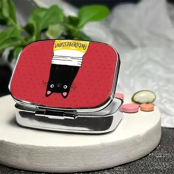 Women's Black Cat on Red Background Pill Storage Box - Home Supply, 2-Compartment Portable Plastic Pocket Medicine Organizer with Mirror, Cute Minimalist Metal Travel Pill Case, Cat Lovers Gift