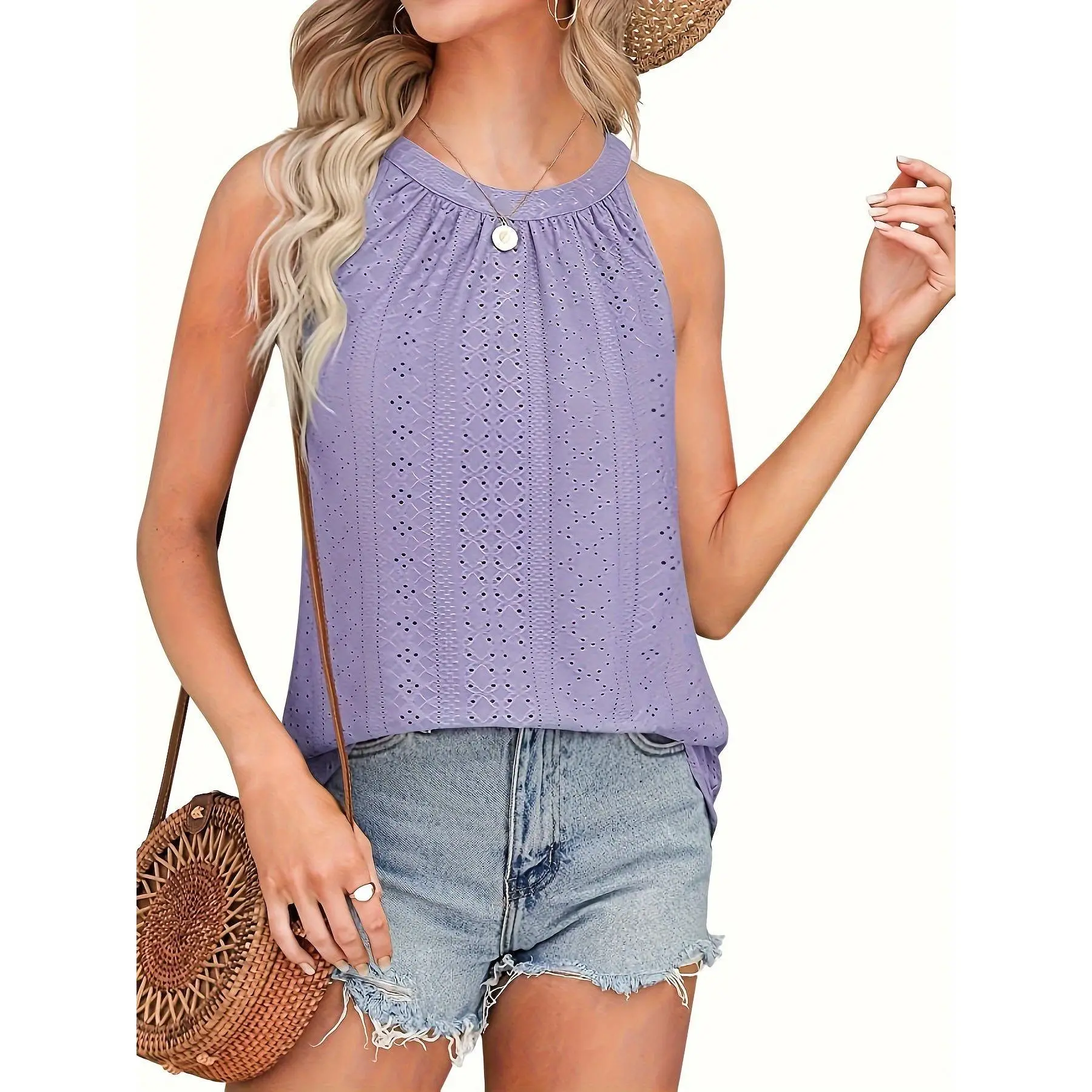 Aswulk Eyelet Tank Tops Women Solid Color Loose Fit Halter Sleeveless Shirt Casual Summer Camisole Breathable Vest