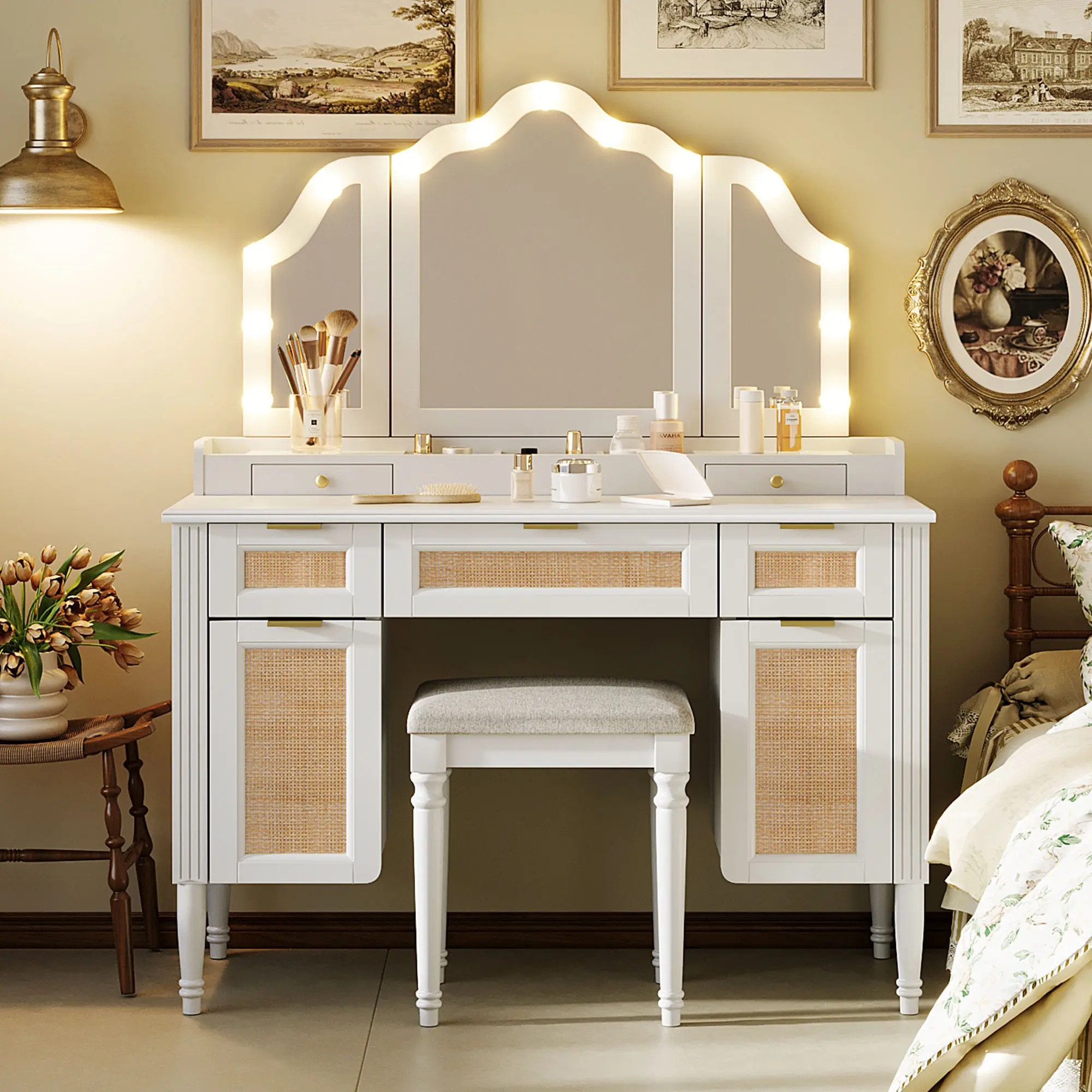 44.37 "Bohemian Vintage Makeup Vanity Table with Tri-Fold Mirror,13 Dimmable Hollywood LED Bulbs,Hollow Bamboo Drawer Dresser with Ample Storage,Built-in Charging Station (2 AC Outlets USB Type-C),Sturdy Stable Cosmetic Dressing Table for Bedroom Coastal