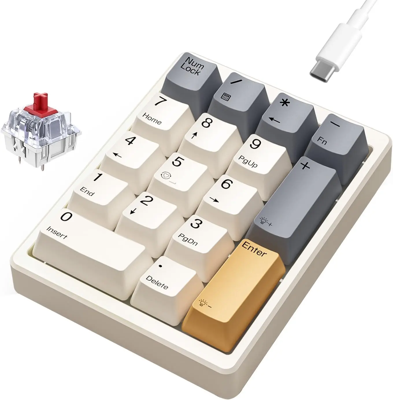 Mechanical Number Pad,Hot Swappable Numpad Wired USB 17  Keypad White Backlit Numeric Keypad with PBT Keycaps for Laptop PC Compact Keyboards(Retro Beige, Red )