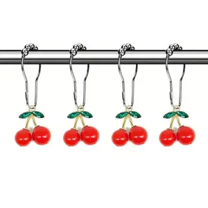 12-Piece Cherry Shower Curtain Hooks Set, Decorative Bathroom Accessories, Rust-Resistant Bath Rod Hangers, Stylish & Functional