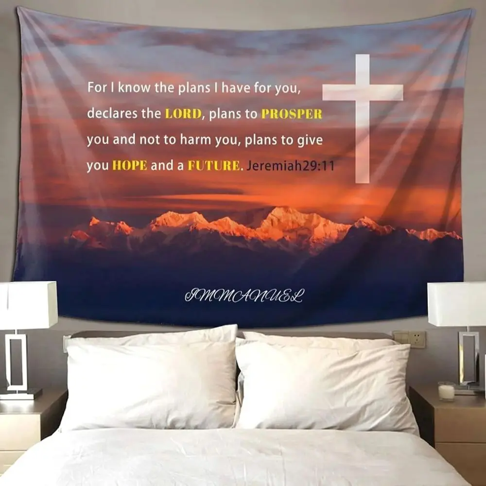 Christian Tapestry,Cross Prayer Tapestry with Mountain for Bedroom Aesthetic,Small Tapestry Serenity Prayer Wall Decor Jeremiah 29:11 for Wall Hanging Roomwall decor flags