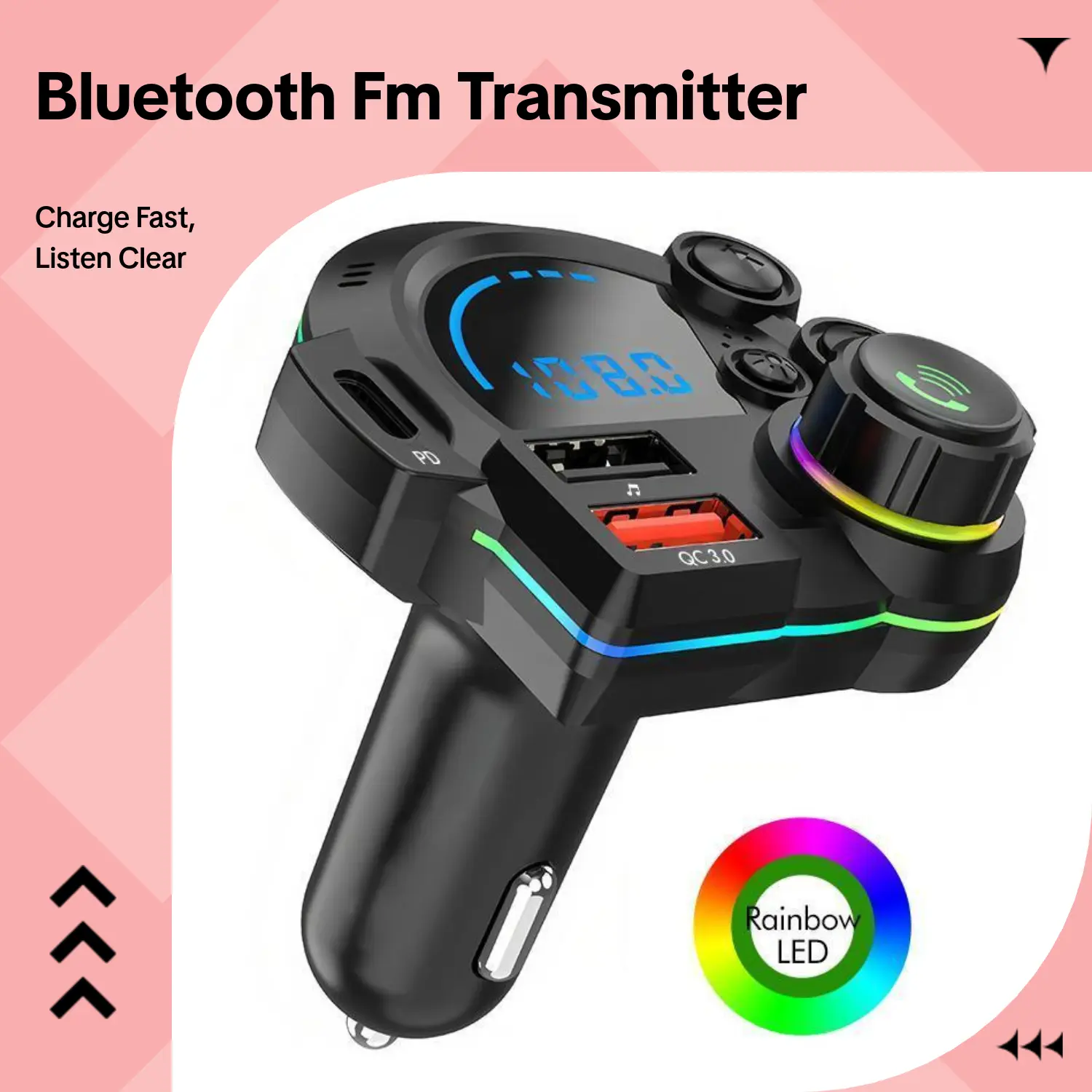 PD 20W Type-C Bluetooth 5.3 FM Transmitter Car Charger with Ambient Lighting, LED Display, HD Bluetooth, Dual USB Ports, Bass Enhancer, RGB Glow, Hands-Free Calls, 12V-24V Bluetooth Car Adapter, Road Trip Essentials