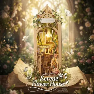 DIY Book Nook Kit with LED Light, LED Lighting - Serene Flower House Miniature Bookshelf Insert, 3D Wooden Floral Diorama, Miniature Scene, Cozy Shelf Decor Ornament, Cozy Decoration & Creative Gift