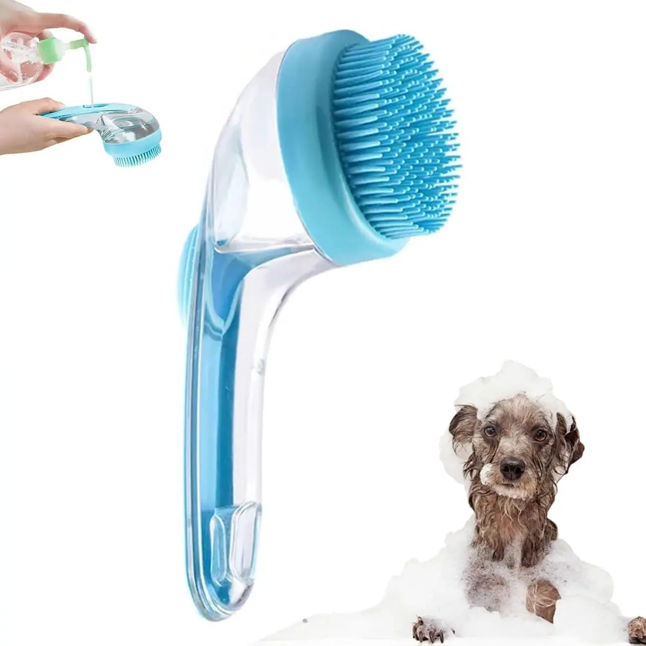 2-in-1 Pet Bath Brush with Built-in Shampoo Dispenser, Dog & Cat Grooming Tool for All Hair Types, Dander & Dirt Lift, Deep Clean Massage, Shinier Coat Boost, Shampoo On Board